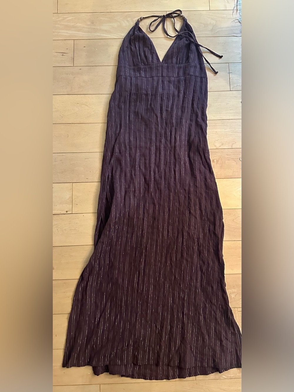 Vintage Scoop NYC Chocolate Brown Pinstripe Halter-Tie Maxi Dress Size S